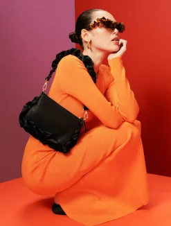 Frilled Satin Bag - Black