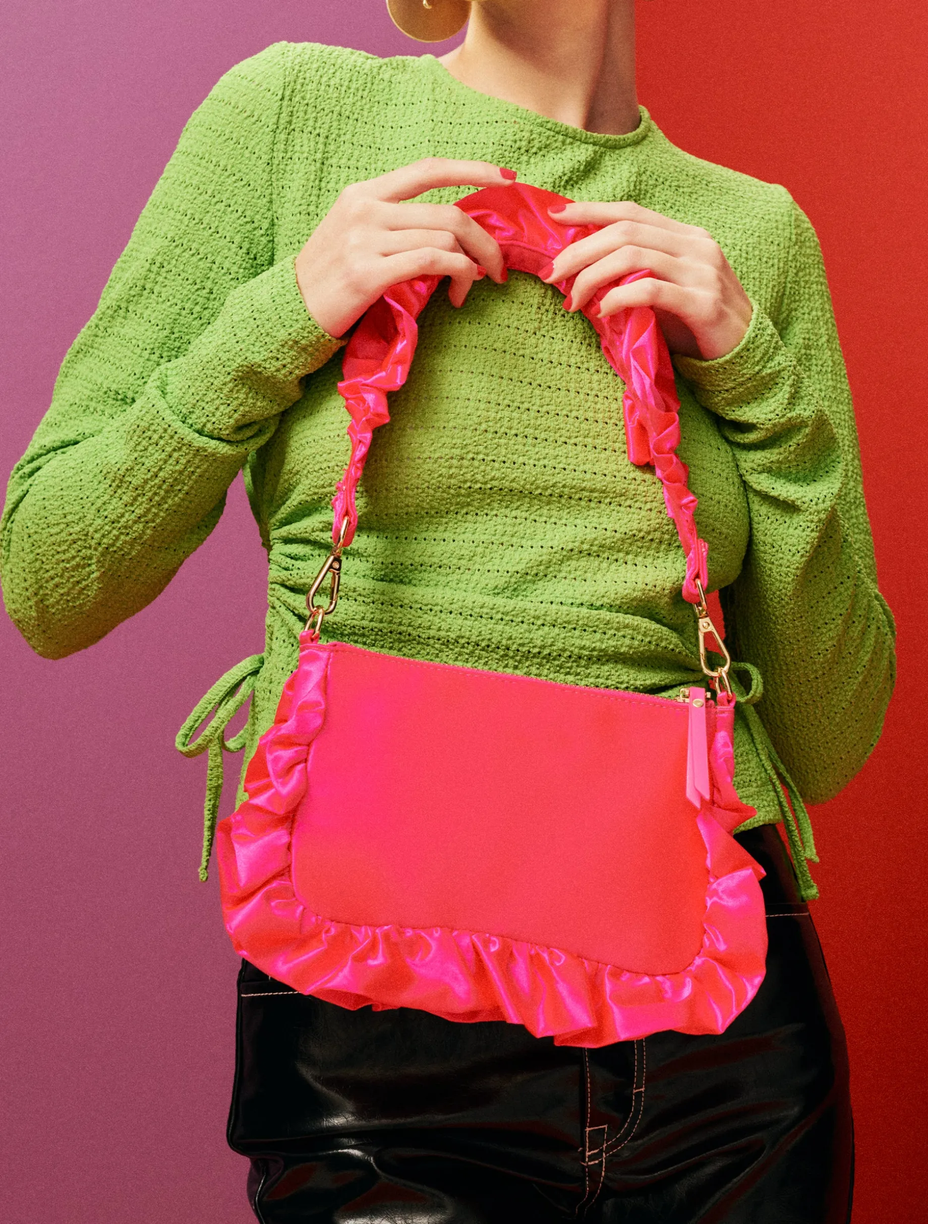 Frilled Satin Bag - Hot Pink